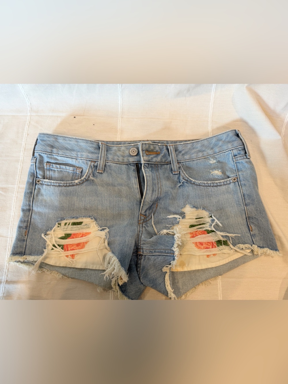 Express Light Blue Distressed Denim Shorts with Rose Embroidery